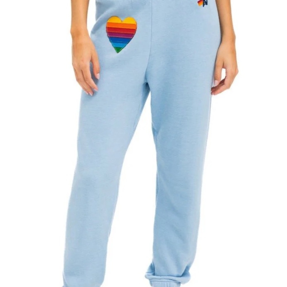 Aviator Nation Light Blue Joggers with Rainbow Patch